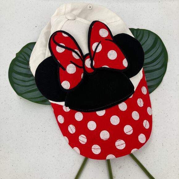Disney Red White Black Sparkle Polka Dot Minnie Mouse Adjustable Baseball Hat - Picture 3 of 10